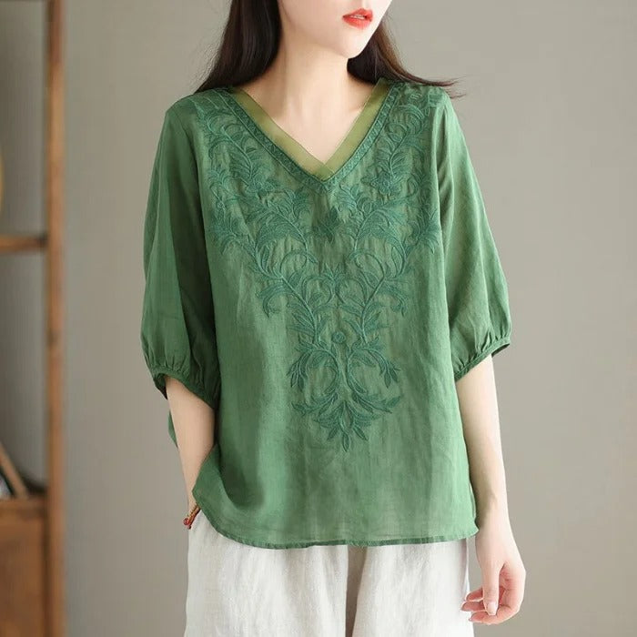 Floral Embroidery V-neck Loose Casual Shirt