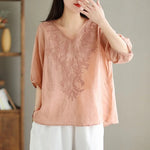 Floral Embroidery V-neck Loose Casual Shirt