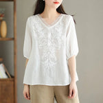 Floral Embroidery V-neck Loose Casual Shirt