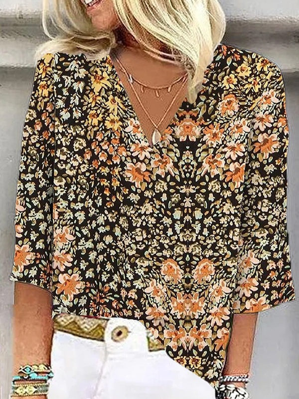 Casual Floral Loose Fit V Neck Blouse