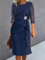 Plain V-neck 3/4 Sleeves Comfy Two Piece Midi Dress