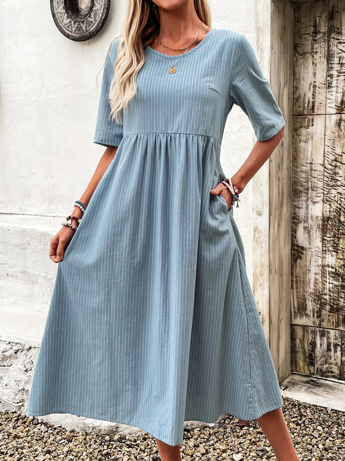 Casual Striped Print Crew Neck Half Sleeve Comfy Midi Dress