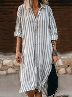 Casual Stripe Print Shirt Collar Long Sleeve Loose Shirt Dress