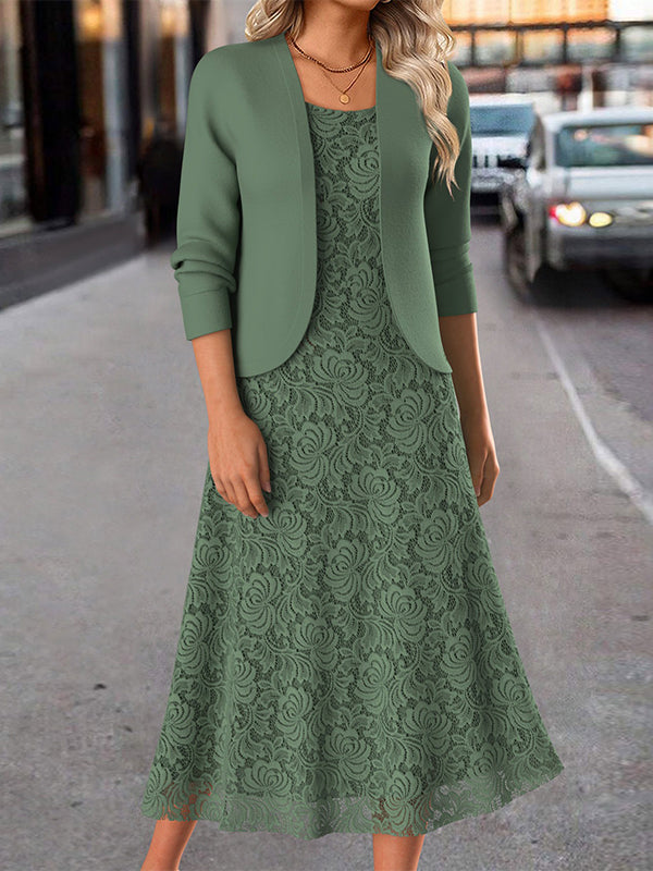 Casual Solid Crew Neck Long Sleeve Comfy Two-Piece Dress