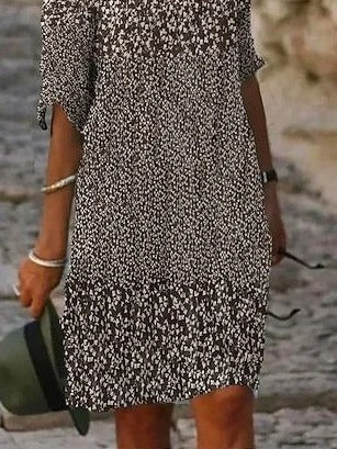 Floral V Neck Half Sleeve H-Line Casual Mini Dress