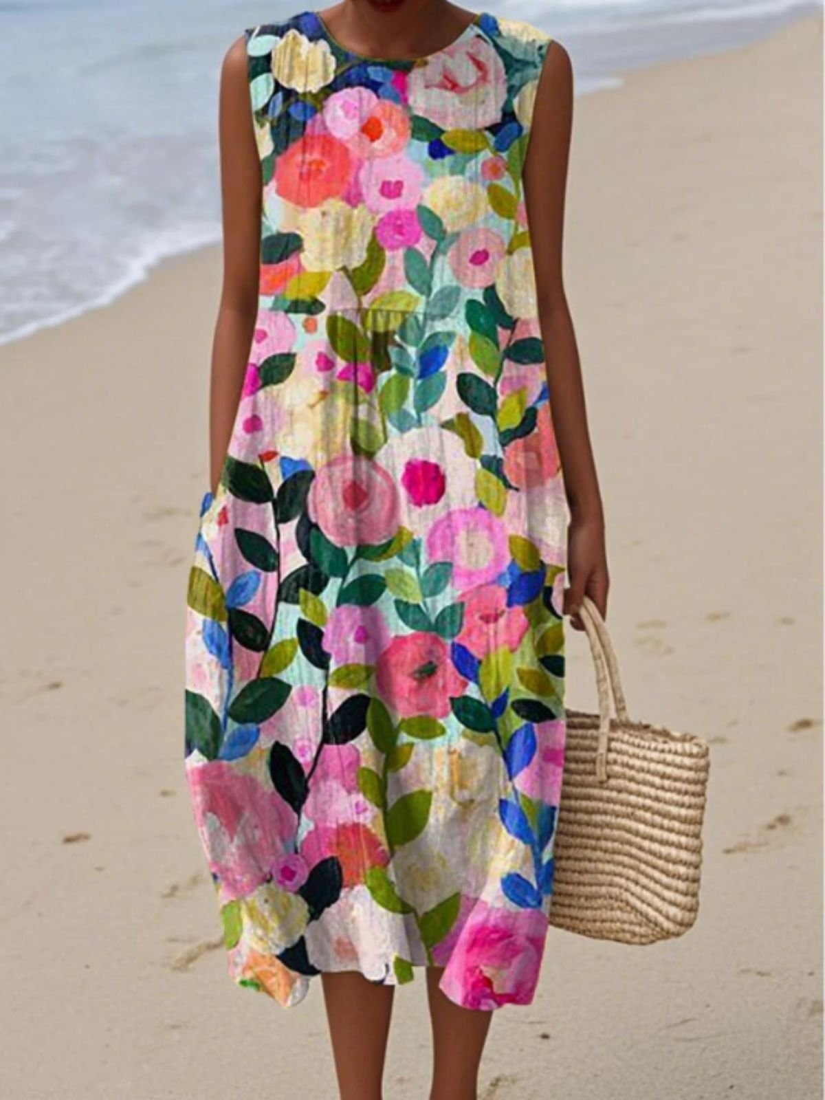 Floral Print Crew Neck Sleeveless Casual Comfy Maxi Dress