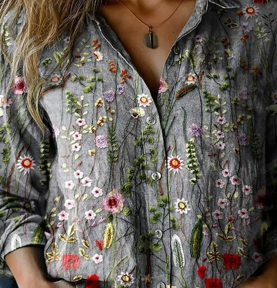 Retro Floral Print Shirt Collar Long Sleeve Loose Daily Shirt