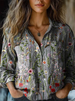 Retro Floral Print Shirt Collar Long Sleeve Loose Daily Shirt