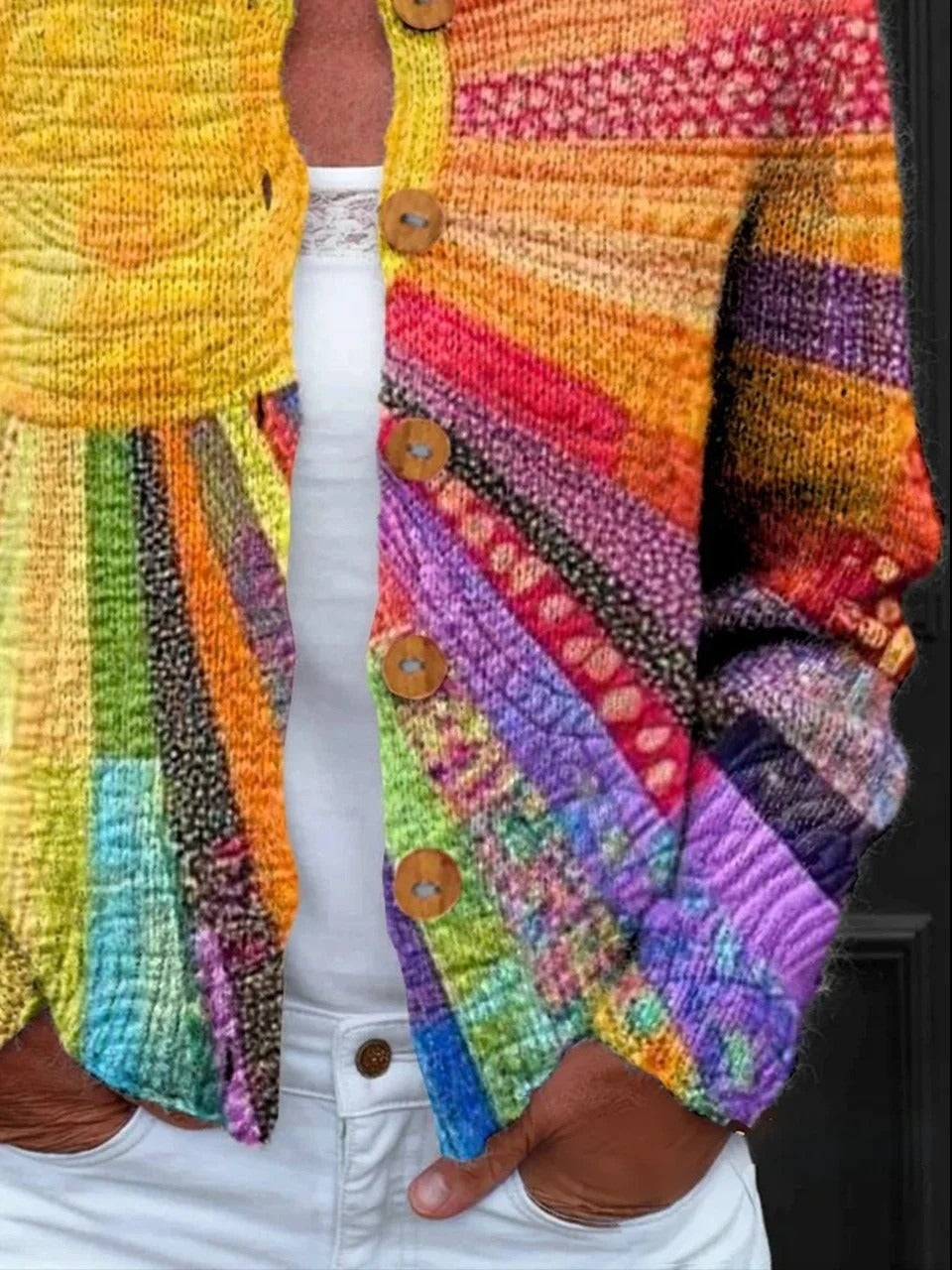 Colorful Artistic Print Button Cardigan