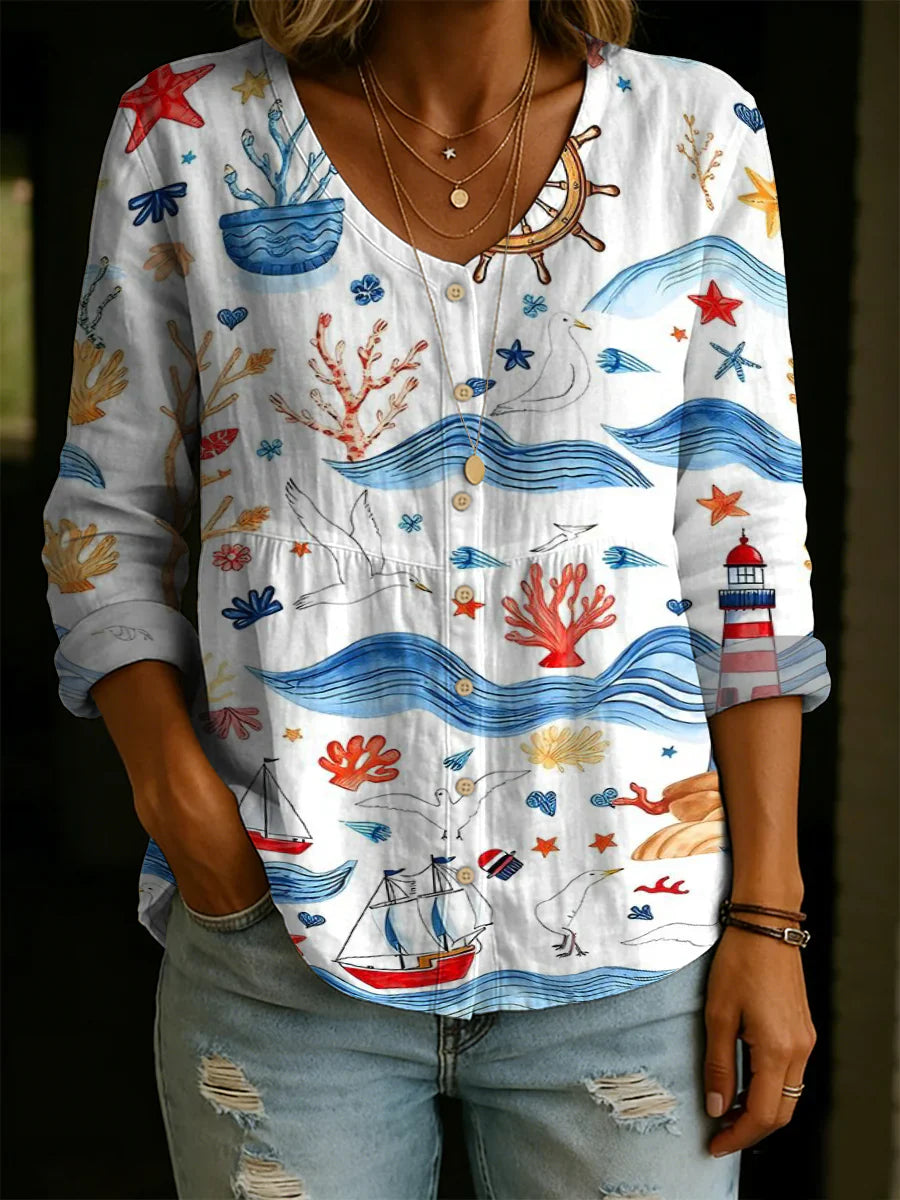 Ocean Sailboat And Coral Decorative Patterns Linen And Cotton Shirt
