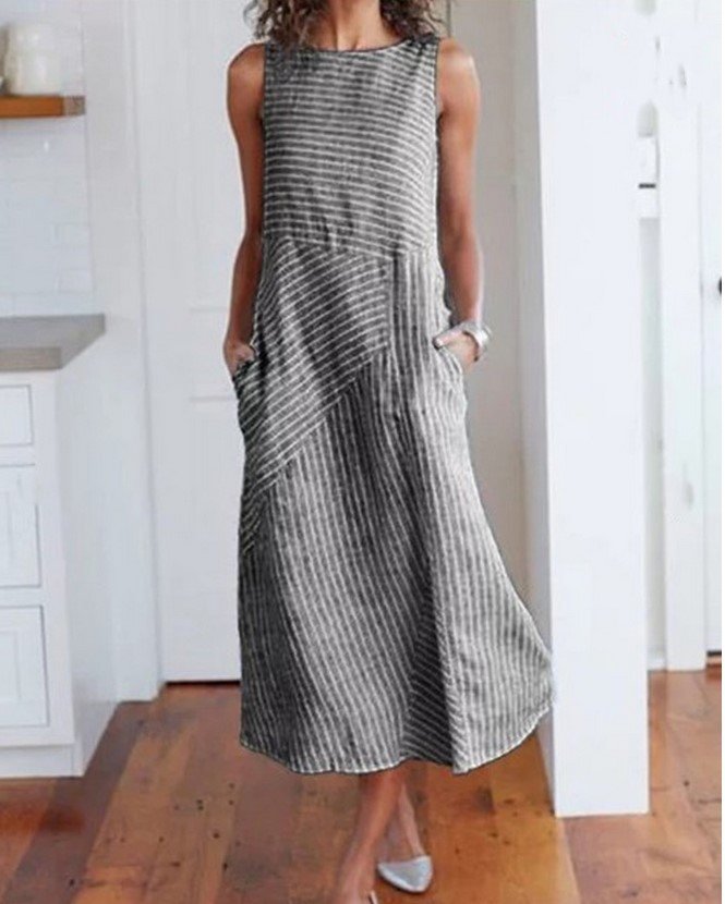 CasualStripedCrew Neck SleevelessCotton Midi Fit Dress