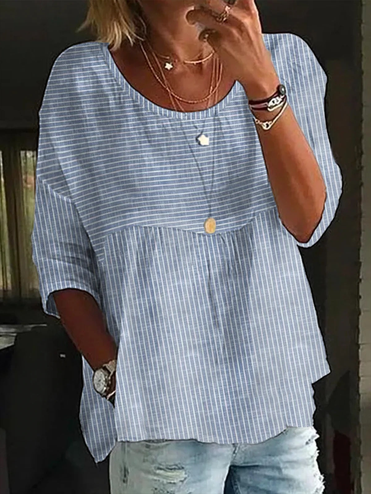 Cotton & Linen Casual Striped Crew Neck Shirt