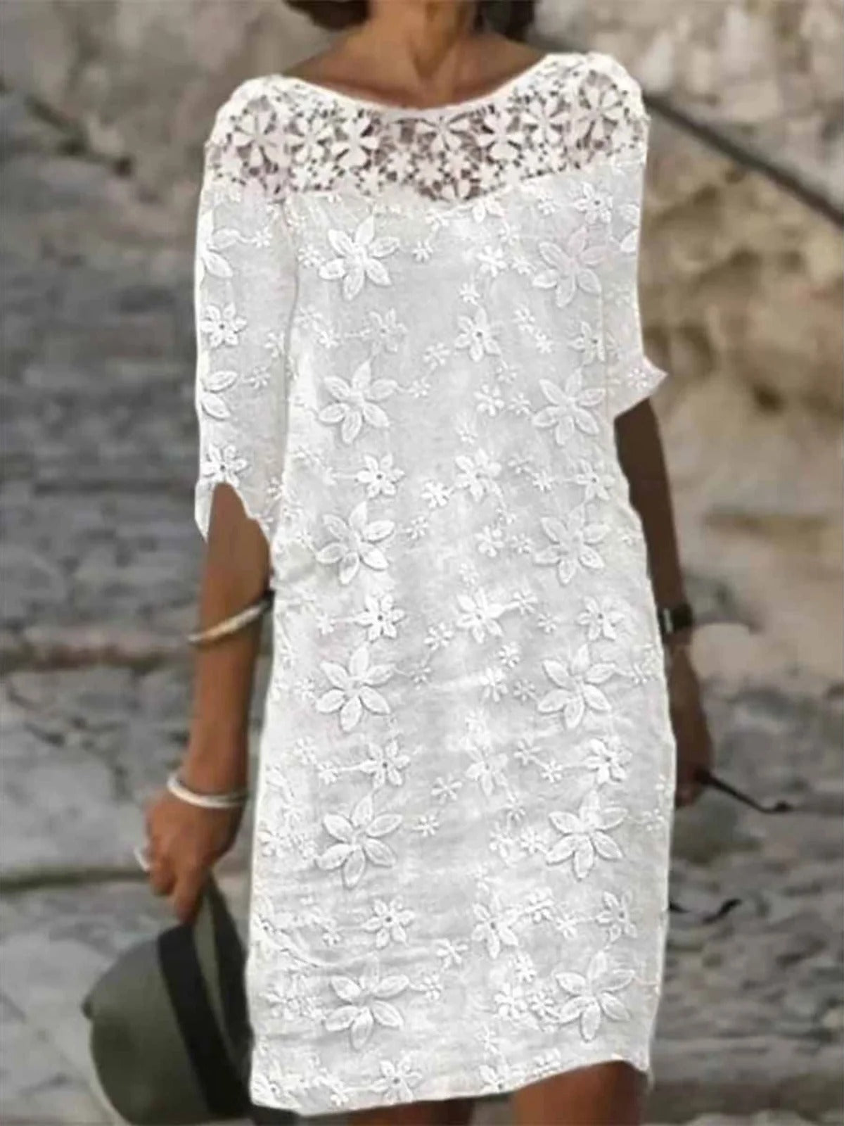 Lace Casual Plain Three Quarter Crew Neck Dress