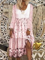 Floral Printed Long Sleeve Sweet Boho Crew Neck Midi Dress