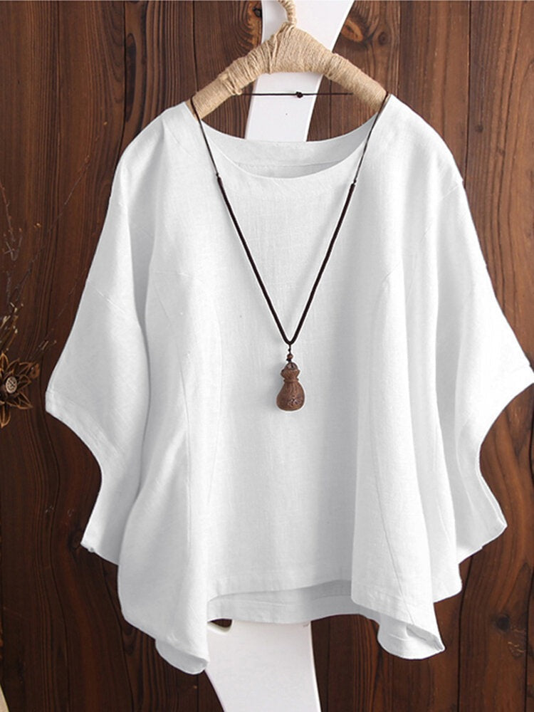 Women's Solid Crew Neck Dolman Sleeve Cotton Blouse