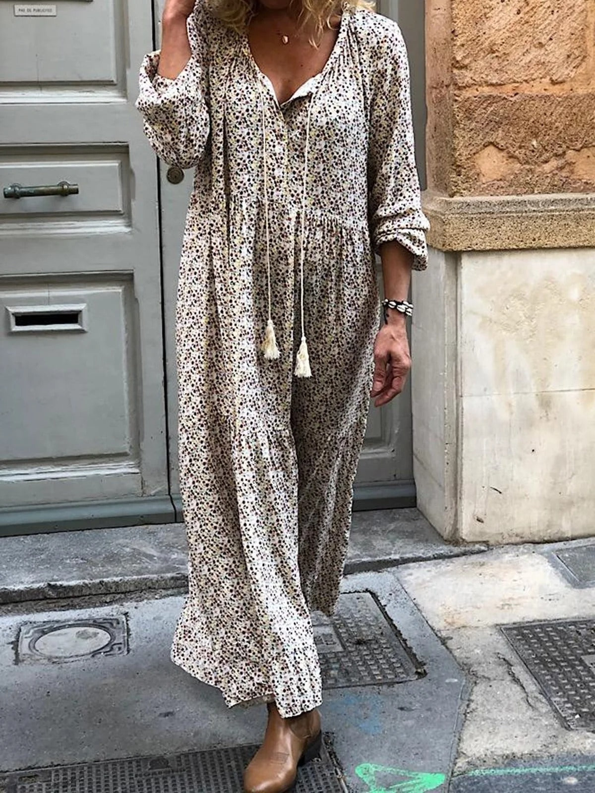 Boho Floral Long Sleeve V Neck Women's Maxi Dress