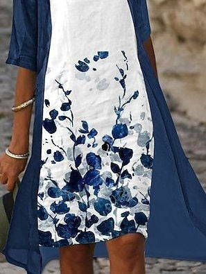 V Neck Color Block Casual Regular Fit Two-Piece Midi Dress