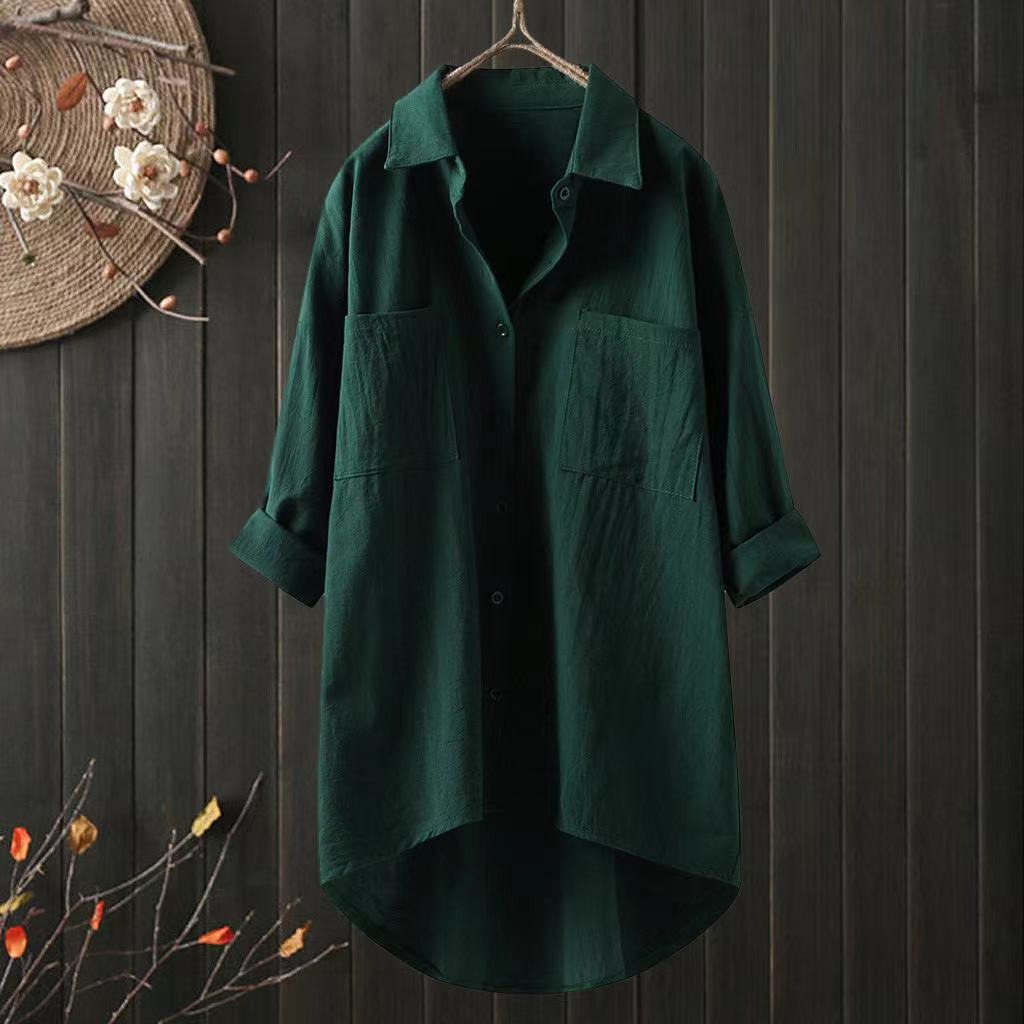 Solid Shirt Collar Cotton Linen Loose Shirt