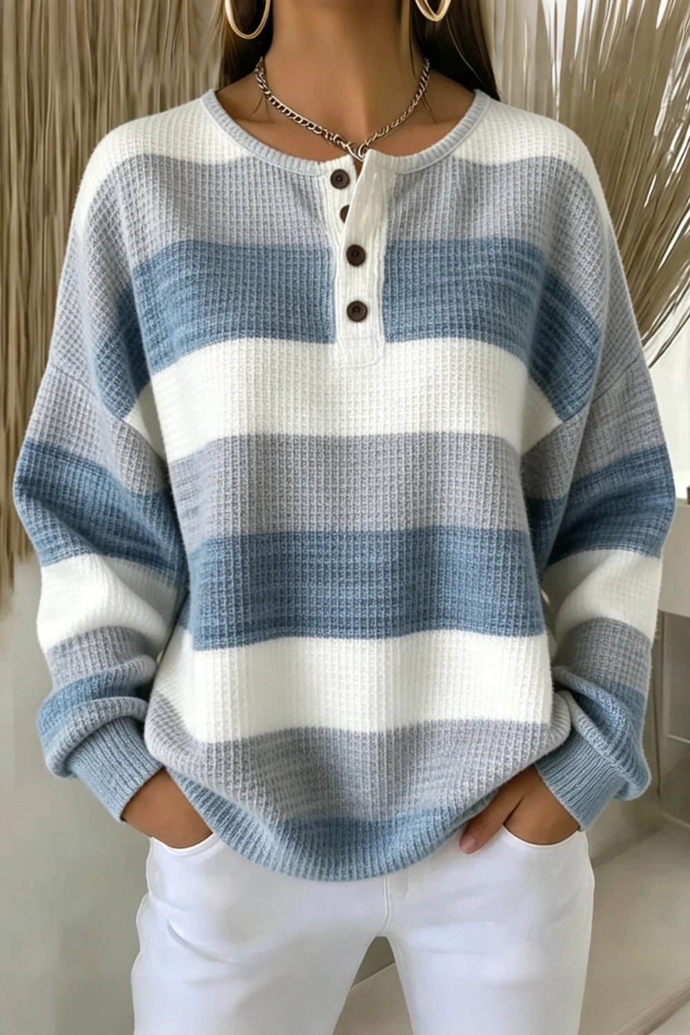 Women Casual Striped Henley Collar Long Sleeve Sweatshirt