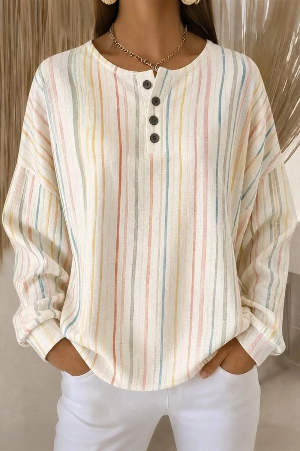 Women Casual Striped Henley Collar Long Sleeve Sweatshirt