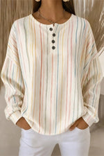 Women Casual Striped Henley Collar Long Sleeve Sweatshirt
