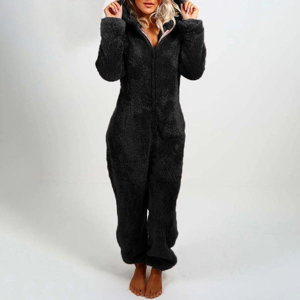 Women's Pajamas Furry Zipper Jumpsuit Hooded Pajamas