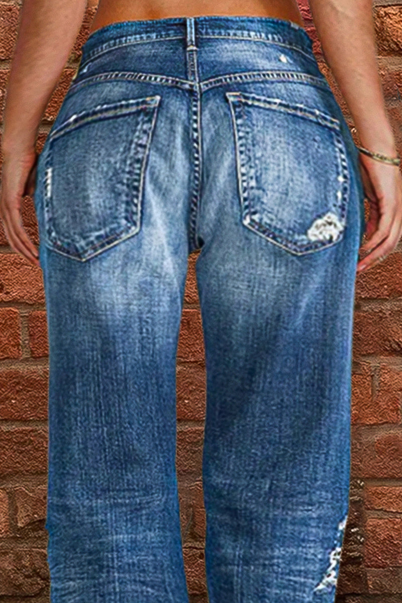 Ripped Low Waist Straight Leg Jeans