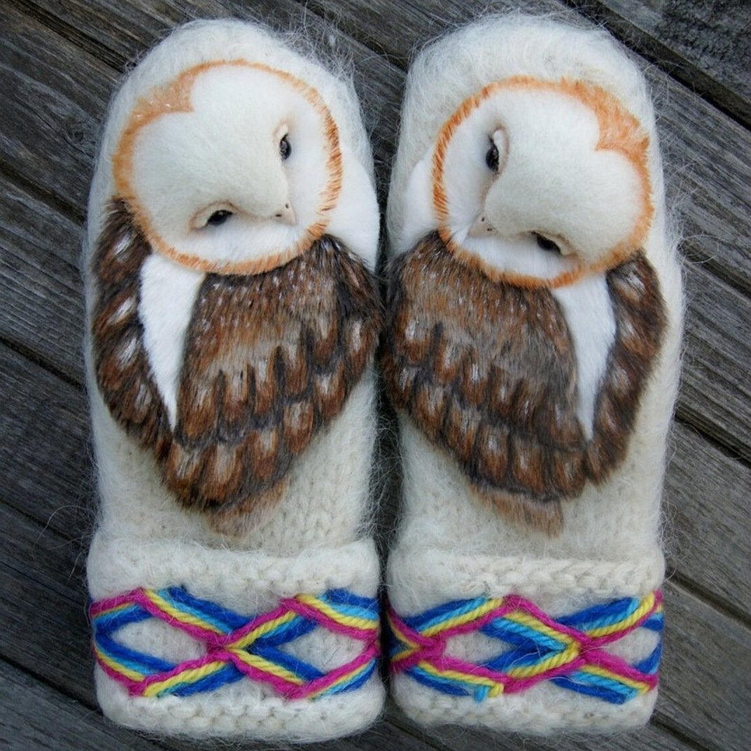 Hand Knitted Wool Nordic Mittens With Owls