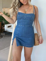 Women's Strappy Denim Zipper Romper Dress