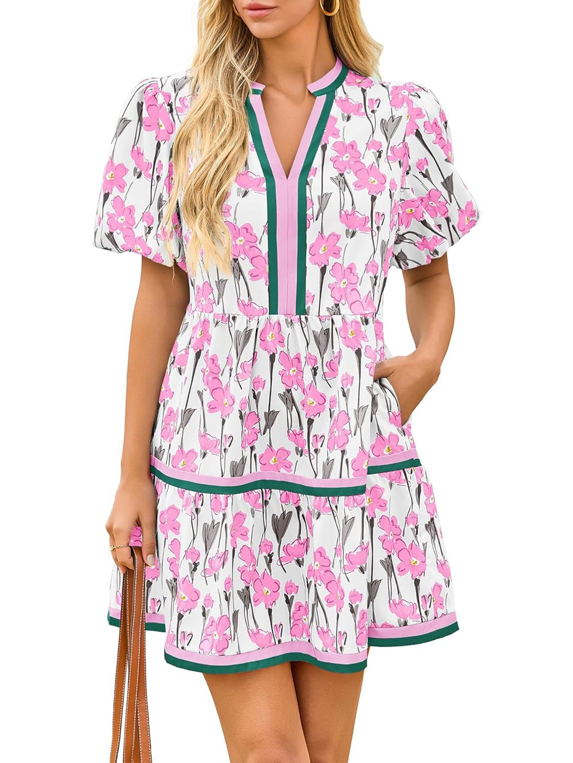 Women's V Neck Floral Dress Short Puff Sleeve Boho Dresses