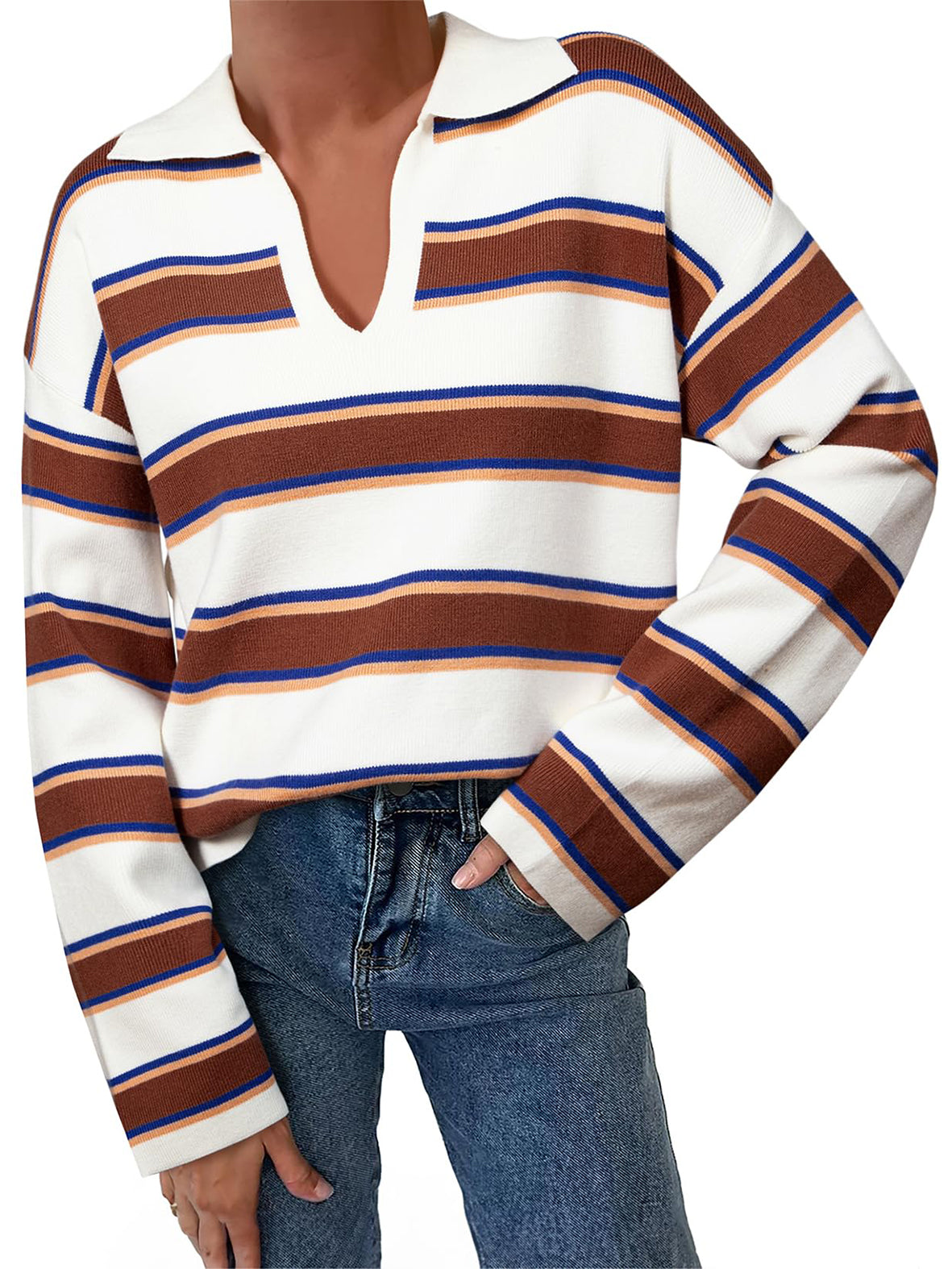 Women'S Striped Polo Collar Oversized Sweater