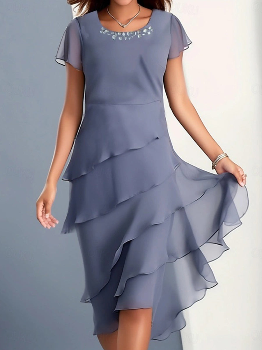 Pure Color Ruffle Crew Neck Short Sleeve Dress