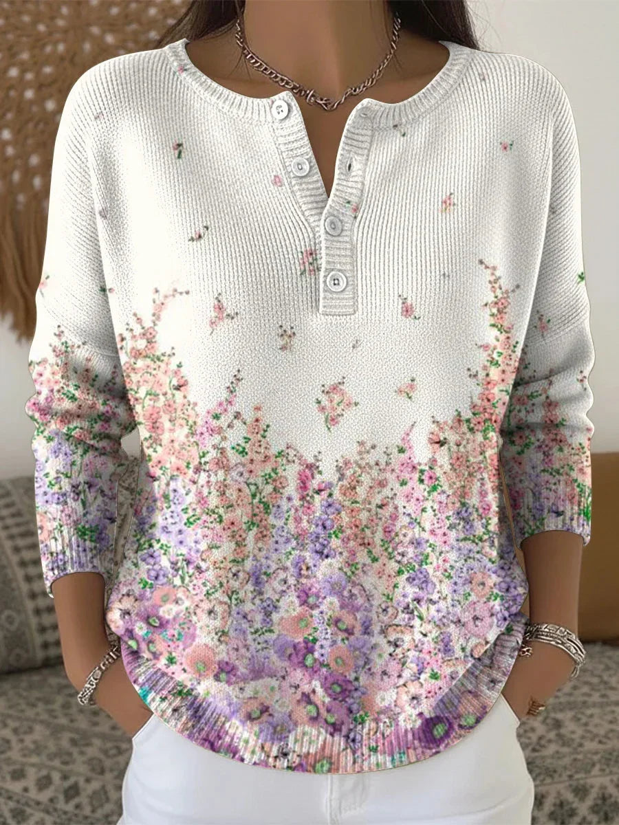 Women's Retro Art Print Buttoned Long Sleeve Cardigan Sweater