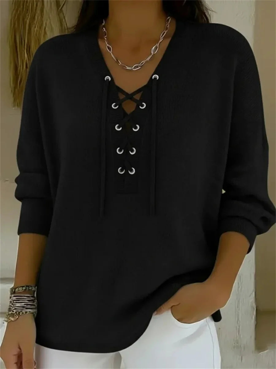 Solid V-neck Long Sleeve Tie-front Casual Pullover Sweater