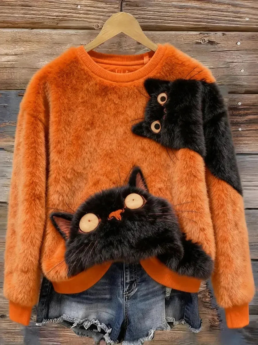 Funny Black Cats Pattern Round Neck Long Sleeve Velvet Comfy Sweatshirt