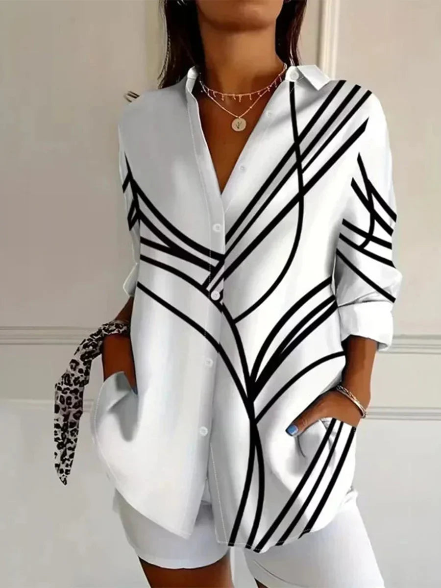 Abstract Stripe Pink Lapel Long Sleeve Casual Loose Blouse