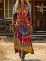 Vintage Colourful Abstract Print V-neck Long Sleeve Casual Maxi Dress