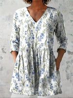 Women's Floral Print Casual V-Neck 3/4 Sleeve Shirt