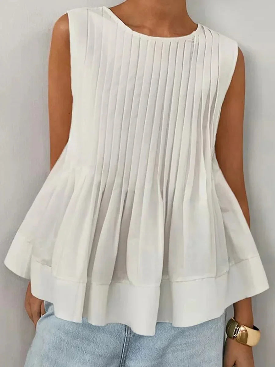 Classic Solid White Pleated Sleeveless Top