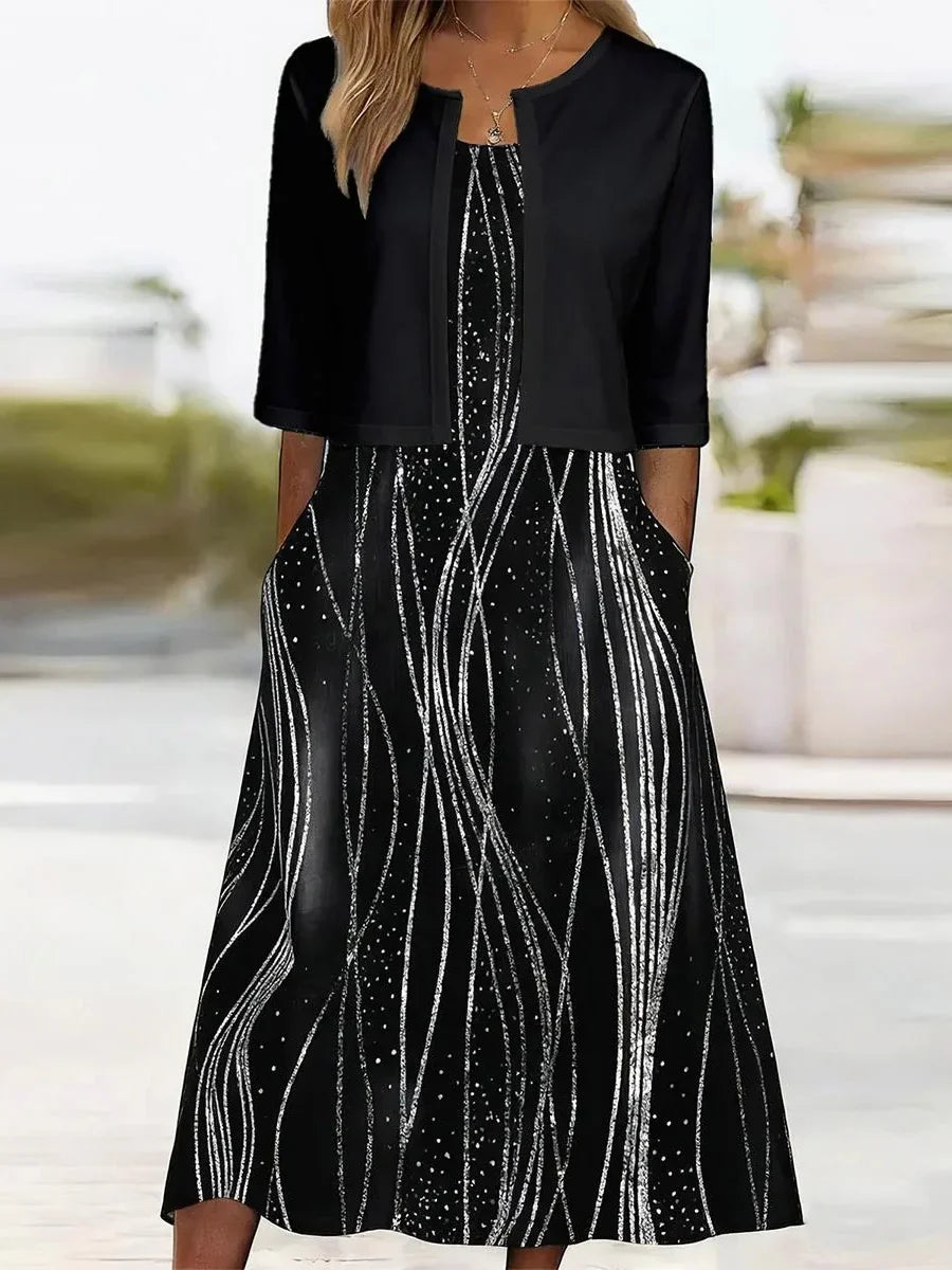 Abstract Print Midi Dress With Matching Bolero Jacket