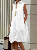 White Shirt Collar Sleeveless Pockets Casual Comfy Midi Shirt Dress