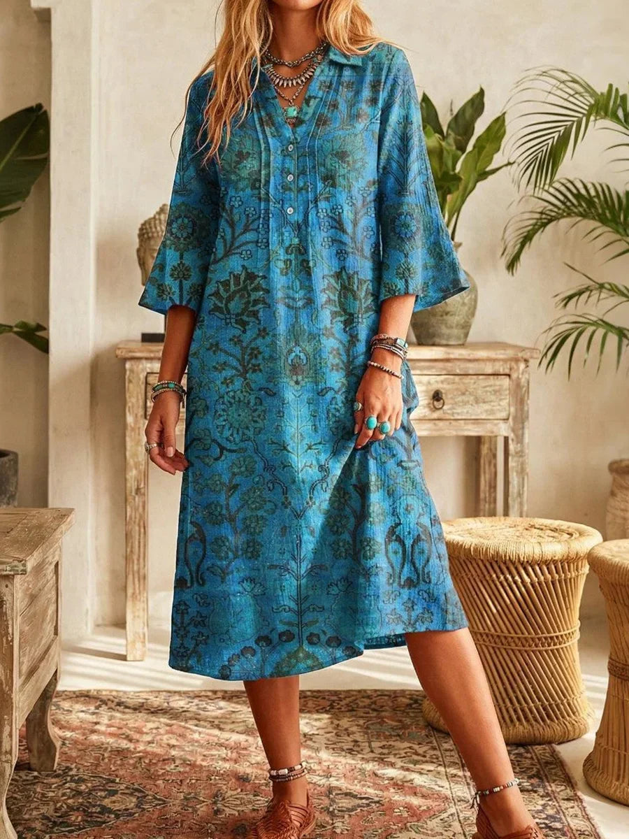 Teal Floral Print 3/4 Sleeve Midi Dress