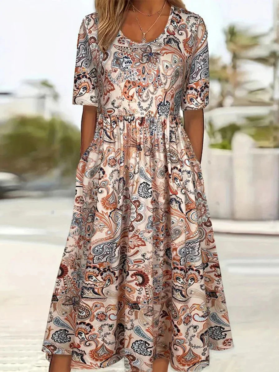 Ethnic Style Round Neck Half Sleeve Dress