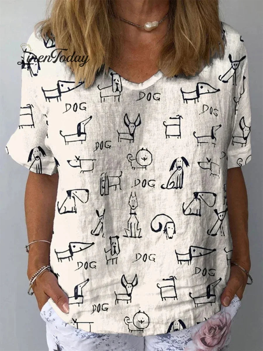 Women's Cute Dog Print Casual Short Sleeve Shirt