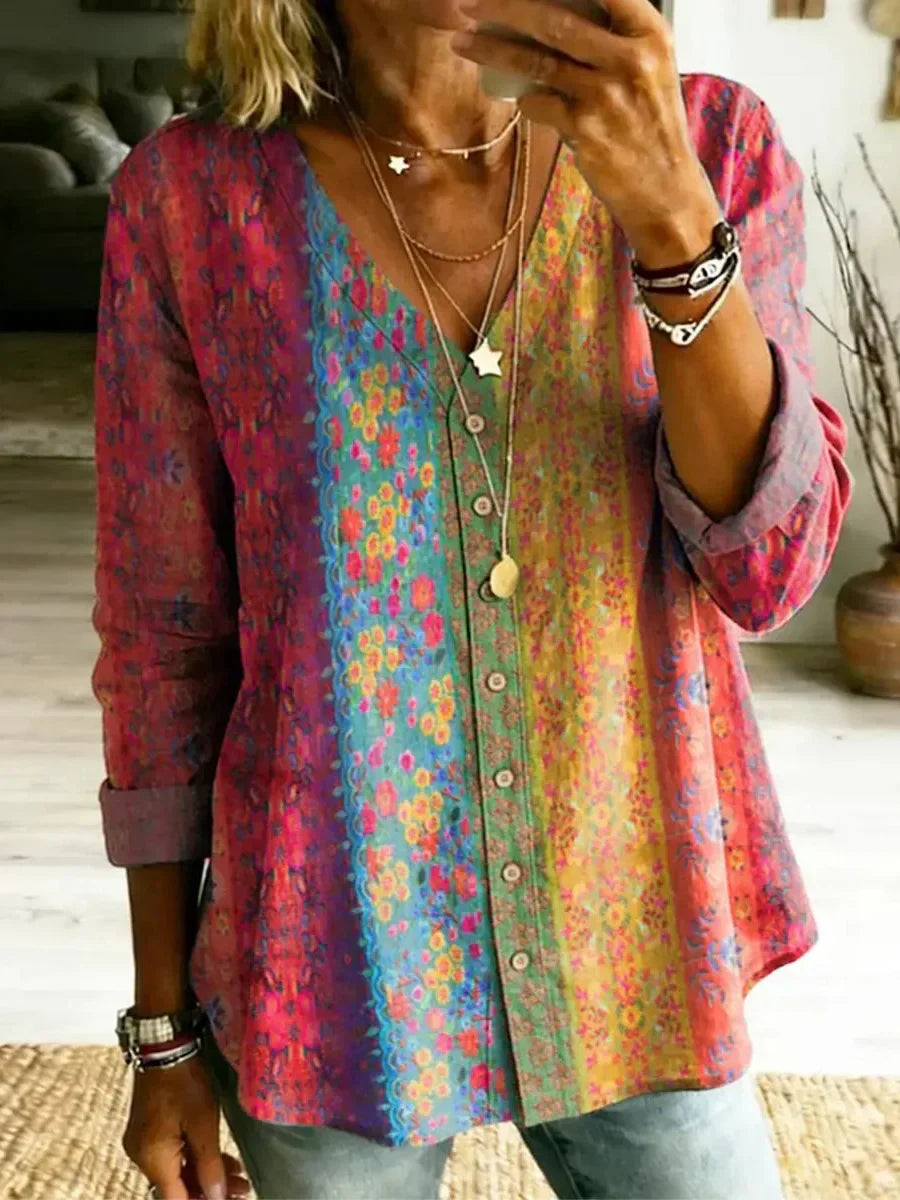 Stunning Boho Print V-neck Long Sleeve Top