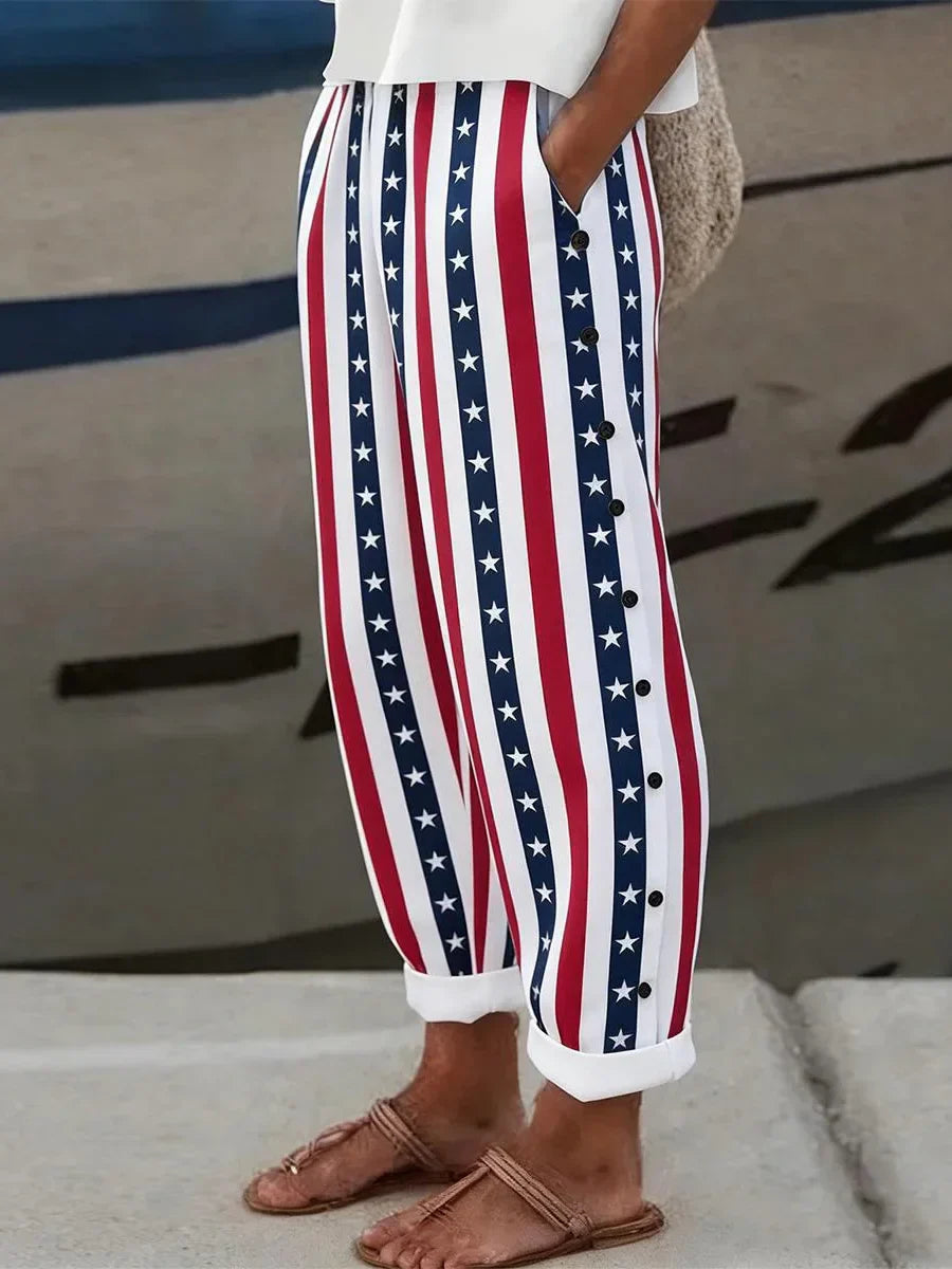 Patriotic Stripe and Star Print Wide-Leg Pants