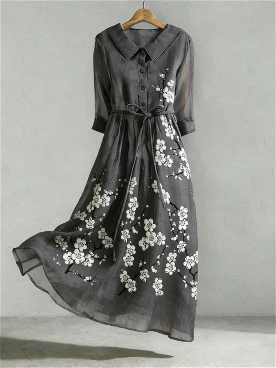 Plum Blossom Japanese Lino Art Flowy Maxi Dress