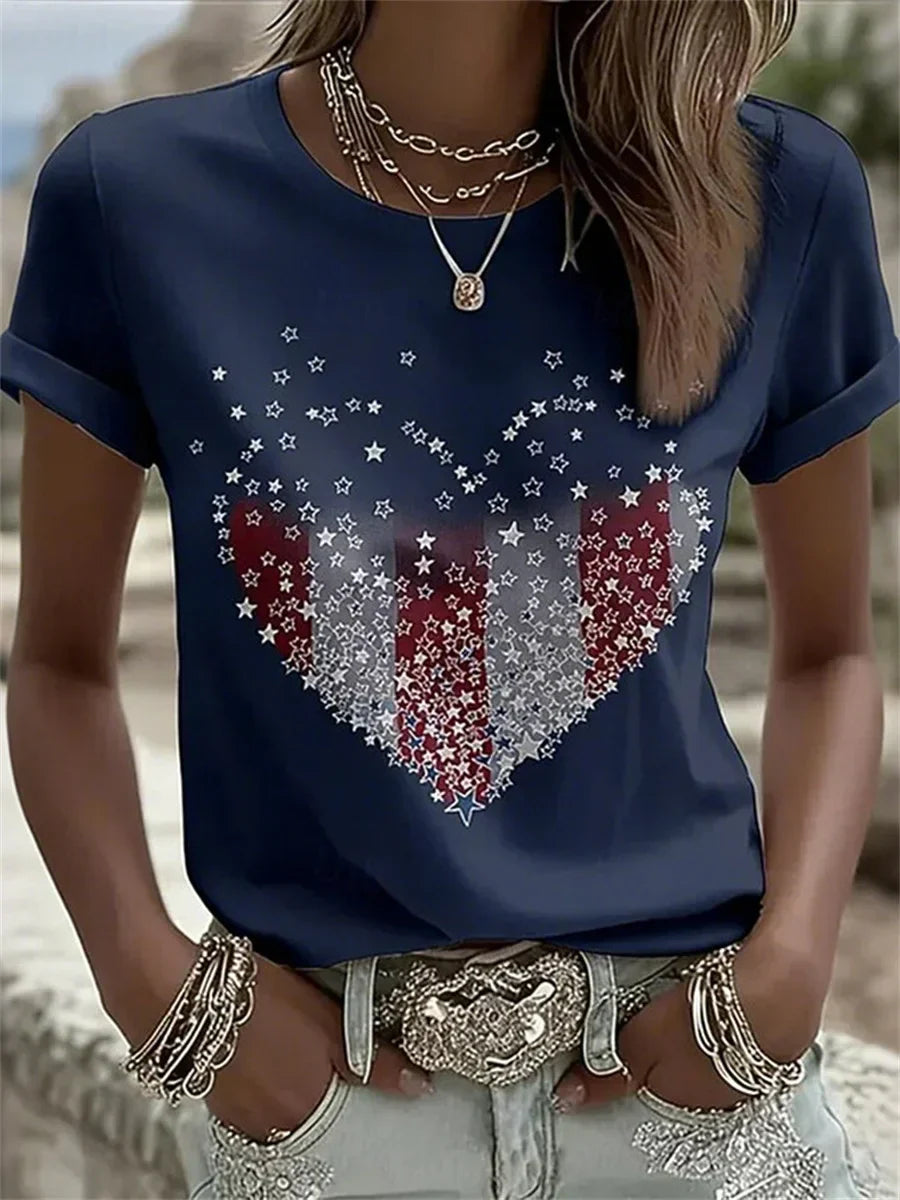 Women's Retro Print Round Neck Short Sleeve T-shirt