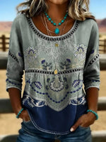 Vintage Floral Print Round Neck 3/4 Sleeve Blouse