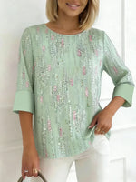 Green Sequin Print Round Neck 3/4 Sleeve Top